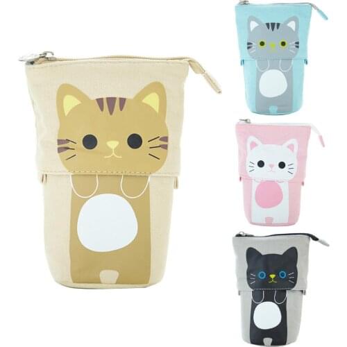 Retractable Cute Cartoon Cat Print Pen Holder Storage Bag Stationery Organizer Zipper Closure Large Capacity Cute Cat Pen Bags