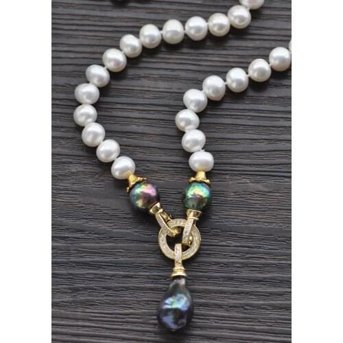 Z10773 19" 18mm Peacock-Black Keshi White Round Pearl Necklace Pendant CZ