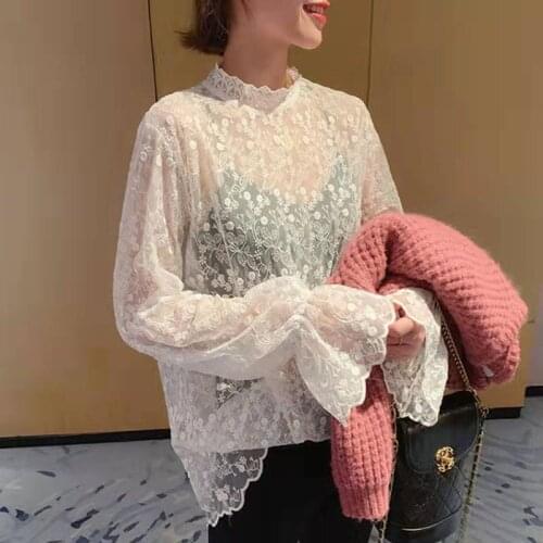 Spring Autumn Women Long Sleeve Bottoming Blouse Sweet Floral Embroidery Lace Shirt Female Flare Sleeves Mesh Blouses