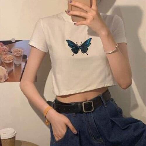 Butterfly Embroidery Women T shirt Short Length Short Sleeve Round Neck Women Tops High Quality Female T-shirt