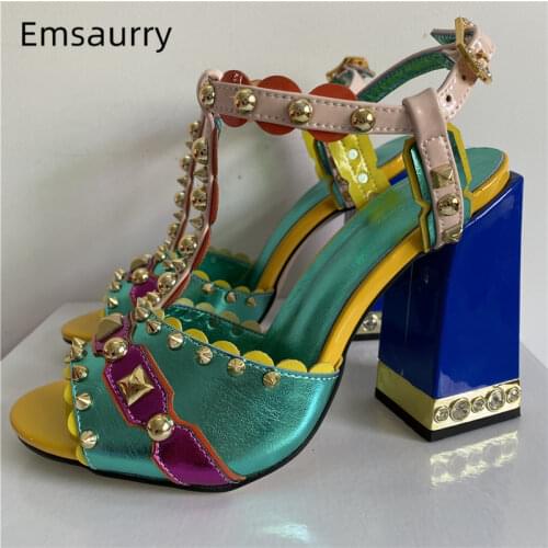 Mixed Color Genuine Leather High Heels Women Jeweled Square Heel Rivet T-strap Patchwork Rhinestone Summer Sandals Women