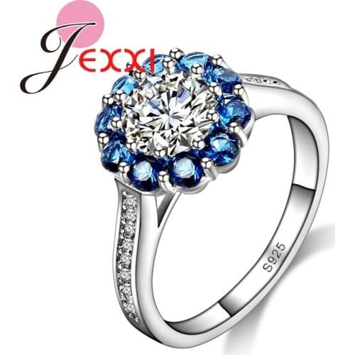 Trendy Fashion 925 Sterling Silver Circel Bijoux 925 Sterling Silver Blue Crystal Flower Ring for Women Anillo