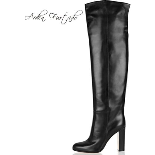 Winter Women Black Leather Boots Chunky heels High Heels Knee High boots Fashion Slip On Women Boots Shoes Woman large size