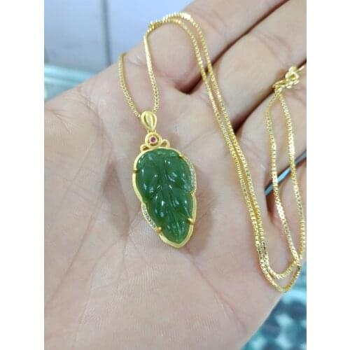 3D Yellow Gold Pure Gold Inlaid Natural Hetian Jade Lucky Leaves Pendant Necklace for Woman Chains Jewerly