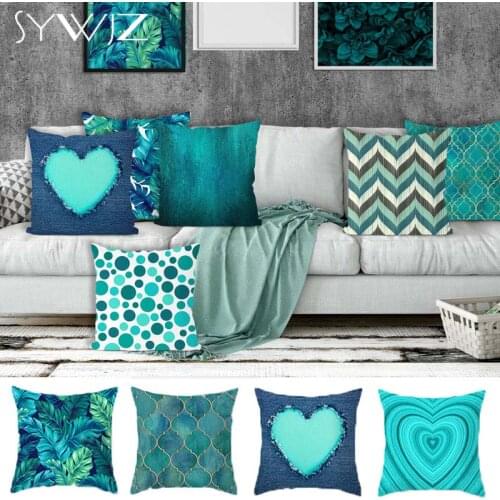 Teal Blue Cushion Cover Leaves Geometric Heart Pillow Cover Sofa Home Decor Throw Pillows Car Decorative Pillow Case Accessories