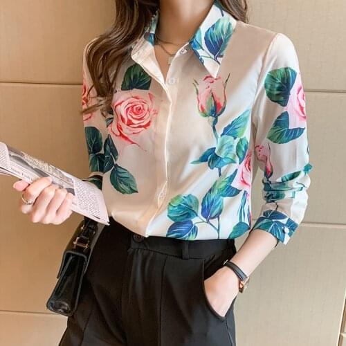 Korean Women Silk Rose Shirts Blouse Woman Satin Print Shirt Women Long Sleeve Office Elegant Blouses Ladies Shirts Tops Clothes