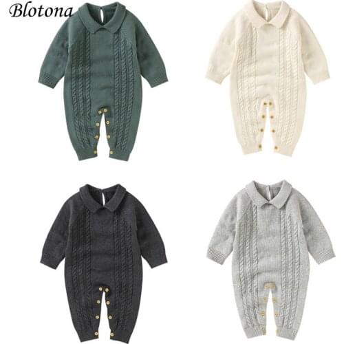 Blotona Infant Baby Winter Warm Jumpsuit, Solid Color Turn-Down Collar Long Sleeves Knitted Rompers with Buttons, 3-24Months