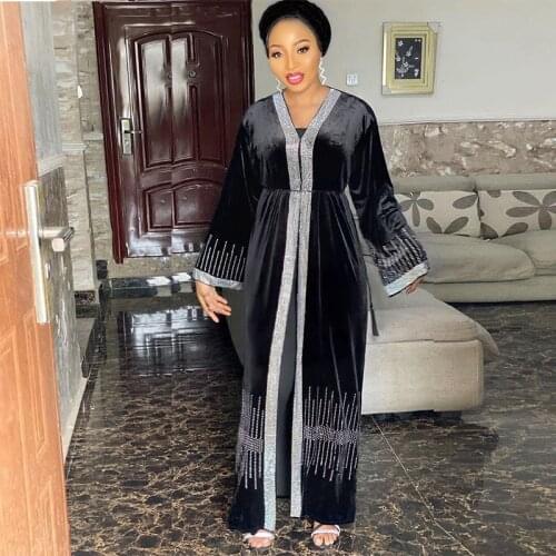 DOIB African Dresses Women Velvet Hot Drill Muslim Long Dress Robe Lady Dashiki Clothes Abaya Dubai Robe With Headscraft