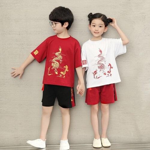 Boys and Girls Short-Sleeved Suit Children Chinese Style Cute Casual Two-Piece Class Clothing Boys Summer Suit 2021 New