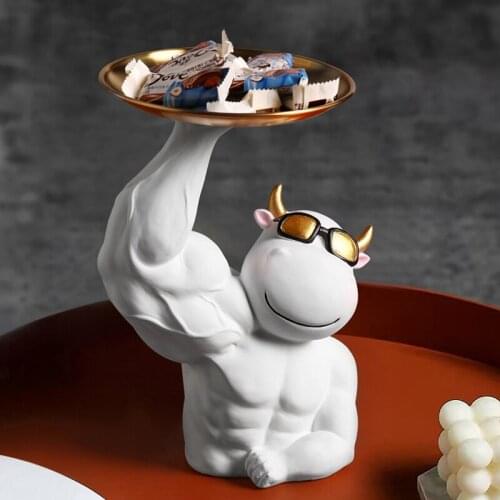 Creative Muscle Cow Figurine With Tray Home Decor Abstract Desk Storage Statue Household TV Cabinet Ornaments Sculpture