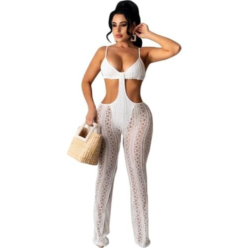 Fashion Lace Sexy Jumpsuit Summer Clubwear Sleeveless Flare Pants Rompers Womens Jumpsuit See-through Backless One Piece Outfits