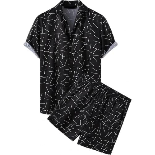 Men Outfit Shorts Sleeve Floral Print Hawaii Single-breasted Shirt T-shirt Drawstring Shorts Summer Outfit Male Two Piece Set