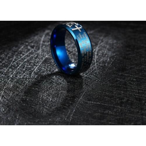 Black Color Stainless Steel Jesus Cross Ring Letter Bible Prayer Finger Rings For Men 8mm Amulet Jewelry