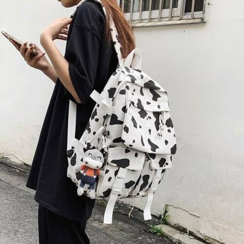 Elementary Cute Cow Backpack for Women Large Capacity Canvas School Bags for Teenagers Female Travel Backpacks Ladies Rucksack