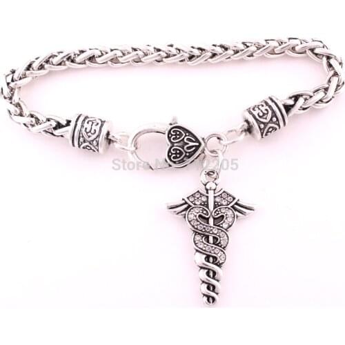 Lobster Claw 30pcs antique silver Wheat Link Bracelet Chain with Caduceus Medical Symbol Crystal Pendant Bracelet