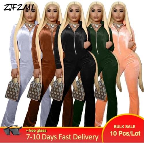 Bulk Items Wholesale Lots Womens Velvet Jumpsuit Autumn Winter Clothing Zipper Up Long Sleeve Bell Bottom Romper Overall New