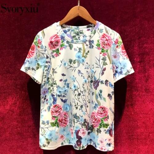 Svoryxiu 2019 Summer Elegant Flower Print Cotton Tops Tees Womens Fashion Diamond Appliques Big Size T Shirts Female