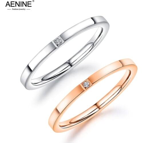 AENINE Stainless Steel 2mm White Cubic Zirconia Stone Rings Jewelry For Women Girls Trendy Office Rose Gold Finger Rings AR19163