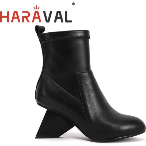 HARAVAL 2020 New Strange Heel Womem Leather Ankle Boots Solid Rounded Toe High Heel Shoes High Quality Footwear Fashion E127L
