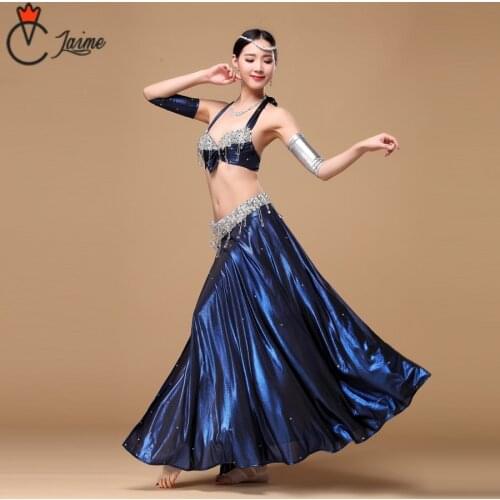 Women Belly Dance Clothing 4 piece Set Bra Skirt Armbands and decorative flowers Belly Dance Costume Set Professional