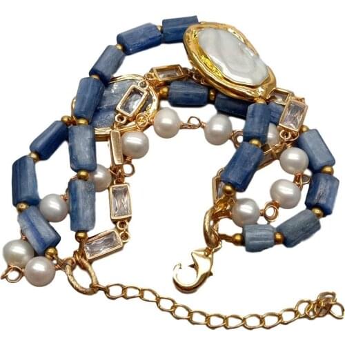 YYGEM 4 Strands Natural Blue Kyanite Nugget White Round Freshwater Pearl Cz Chain statement Bracelet Handmade for women