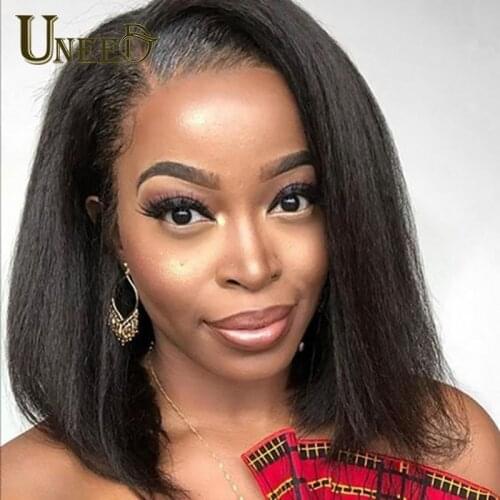 Uneed Short Bob Kinky Straight Wig 4x4 Lace ClosureHuman Hair Wigs For Women Yaki Human Hair Wig Kinky Straight Hair Frontal Wig