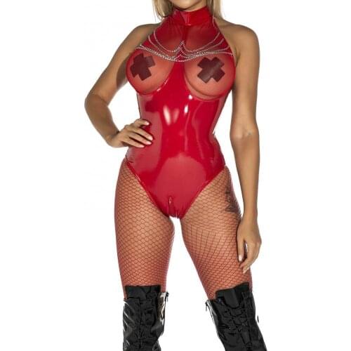 Women Sexy Faux Leather Sleeveless Backless Fishnet Bust Zipper Crotch Bodysuit