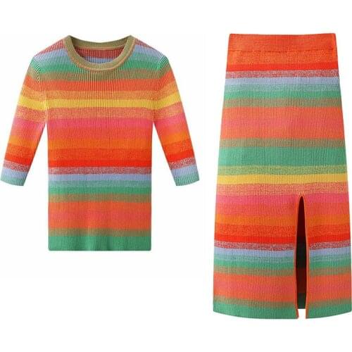 Runway Summer Women 2 piece Set Elegant Knitted Short Sleeve T-Shirt Pullover Tops + High Waist Bodycon Split Skirts Suit
