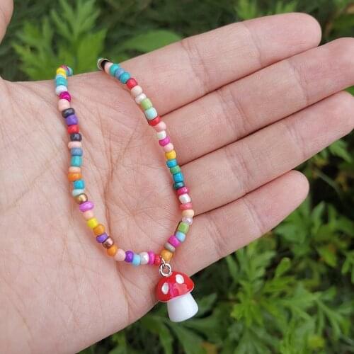 Bohemian Handmade Multicolor Seed Beaded Necklaces for Women Fashion Cute Glass Mushroom Pendent Necklace Party Jewelry Gift