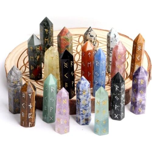 1PC 5-6cm Natural Carved Amethyst Runes Wand Obsidian Crystal Rune Point Divination Obelisk Healing Reiki Stone Collection Decor