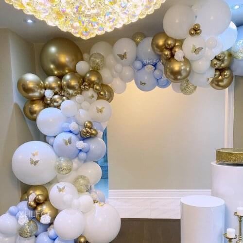 115pcs Blue White Gold Chrome Balloon Garand Arch Kit 3D Butterfly Wedding Decor Baby Shower Birthday Party Decoration Globos