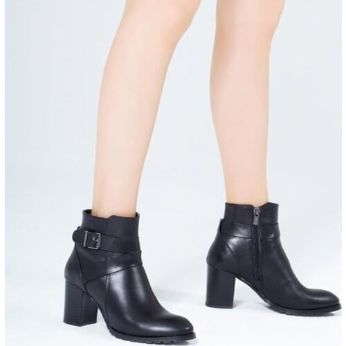 Callizio Women Genuine Leather Boots Ankle High Block Heels Round Toe Designer Handmade Luxury New Season Female Zipper Black Ankle Strap Fashion Comfortable Natural Leather Big Size 12 Boots Shoes for Woman 2021