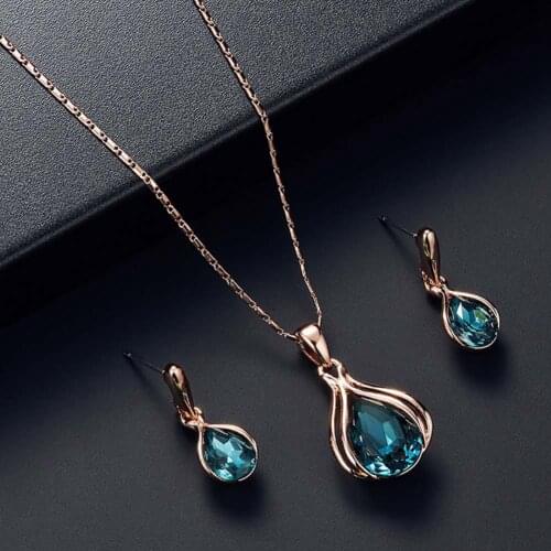 Women Cubic Zirconia Water Drop Pendant Necklace Ear Stud Earrings Jewelry Set