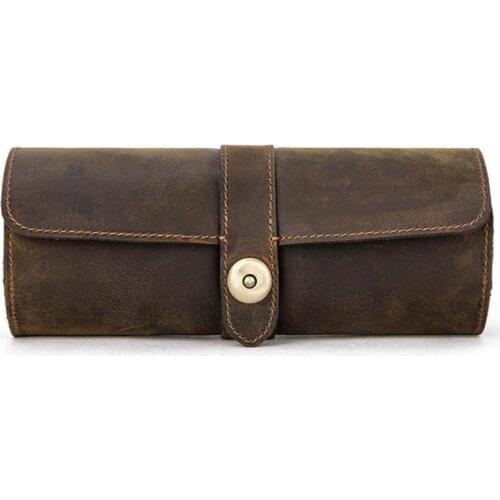3 Slots Genuine Leather Watch Roll Travel Case Portable Vintage Horse Leather Display Watch Storage Box Watch Organizers