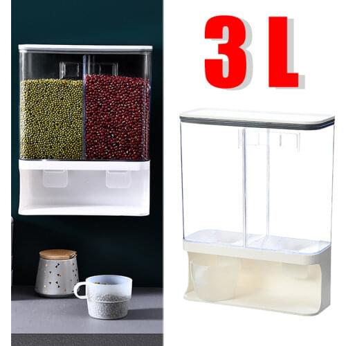 3L Dry Food Dispenser Kitchen Wall Mounted Whole Grain Oatmeal Sealed Storage Box Hanging Bucket Rice Cereal Tank Food Container