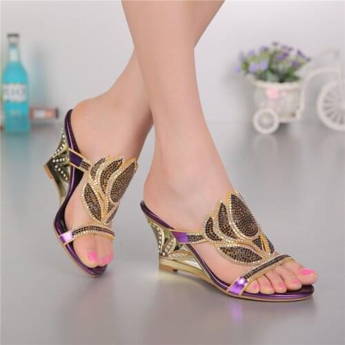 Purple Korean Sexy Diamond Fashion Casual Open Toe Slippers With Heel Womens Shoes Large Sizes High Heels Sandals Wedges 2018
