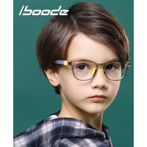 Iboode TR90 Flat Mirror Glasses Frame Kids Boys Anti Blue Light Spectacles Transparent Gray Pink Silicone Nose Pads Goggle Girls