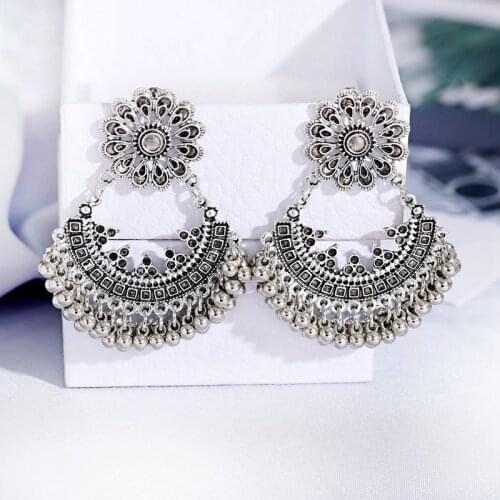 Classic Flower Silver Color Turkish Indian Jhumka Earrings Womens Vintage Peacock Flower Beads Tassel Earrings Oorbellen