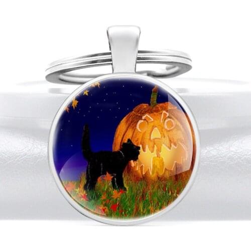Silver Color Classic Halloween Pumpkin Design Glass Dome Metal Key Chain Charm Men Women Key Ring Jewelry Gifts Keychains