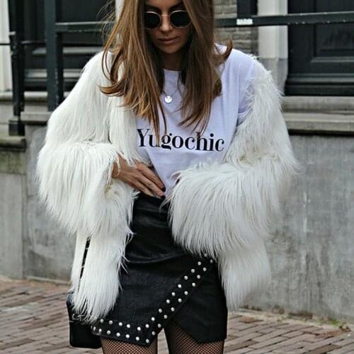 Fashion Furry Collarless Long-sleeved Coat Furry Faux Fur Coat, Womens Fluffy Warm Long-sleeved Womens Autumn and Winter Coat