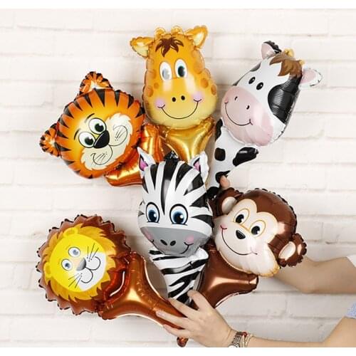 6pcs Handheld Animal Head Foil Balloons Tiger Lion Inflatable Air Balloon Jungle Party Decoration Kid Toys Birthday Party Decor