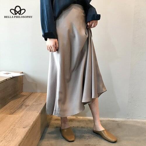Herstory Autumn Women High Waist Satin Skirt Lady Metallic Color Skirt Female Shiny Silk Imitation Ankle length Skirt