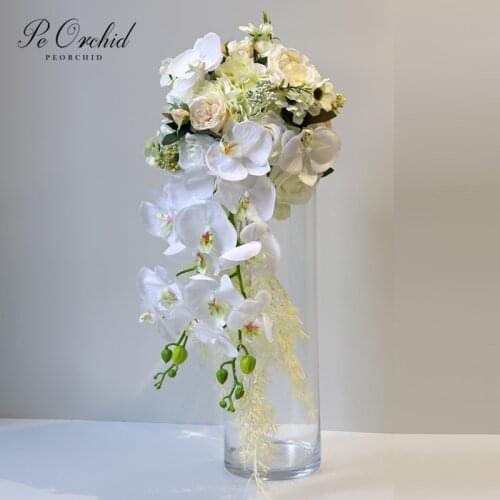 PEORCHID Vintage Waterfall Wedding flowers Bridal Bouquets Luxurious Artificial Peony Rose White Cascading Fake flowers Bouquet