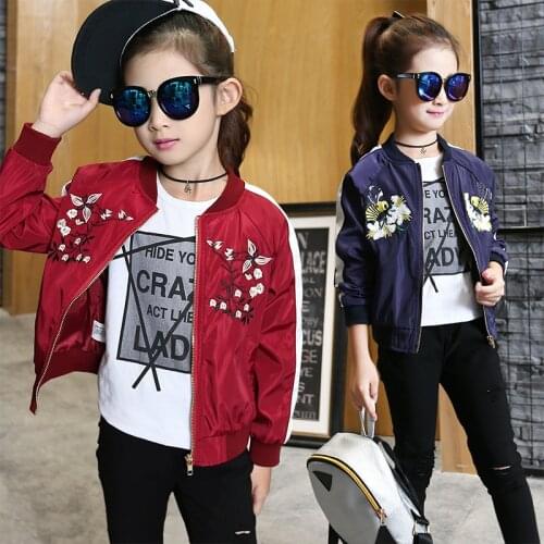 Girls Embroidered Flower Sport Coat 2020 Spring Autumn Children Sweatshirt Girls Baseball Jackets Outerwear 4 6 8 9 10 12 Years