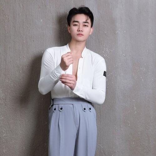 Latin Dance Shirts Men Stage Costume Designer Clothes V-neck Ballroom Practice Wear Tango Dancewear Salsa Dancing Outfit JL3264