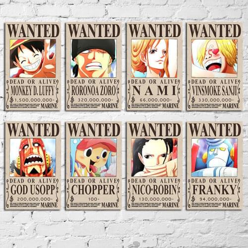 Straw Hat Pirates Wanted Luffy Retro Poster Nami Chopper Robin Zoro Sanji Usopp Sabo Reward Posters and Prints Canvas Painting
