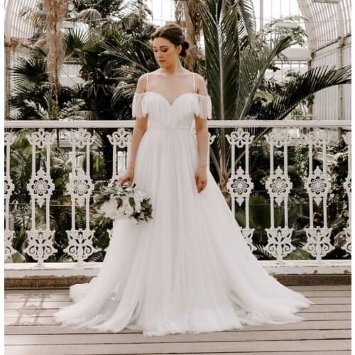 Wedding Dress A-Line Sweetheart Off The Shoulder Lace Appliques Backless Tulle Floor Length Sweep Train Simple Bride Gown New