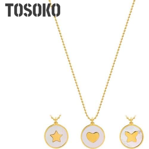 TOSOKO Stainless Steel Jewelry Five Pointed Star Butterfly White Sea Shell Love Pendant Necklace Female Clavicle Chain BSP823