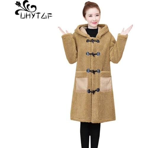 UHYTGF Loose 5XL Plus Size Jacket Womens Quality lambswool Imitate fur coat Hooded windproof warm female Autumn winter coats 796