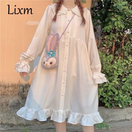 Japanese Lolita Sweet Girl Color White Red doll collar ruffled long sleeve lolita mid-length dress loli cos tea party Autumn